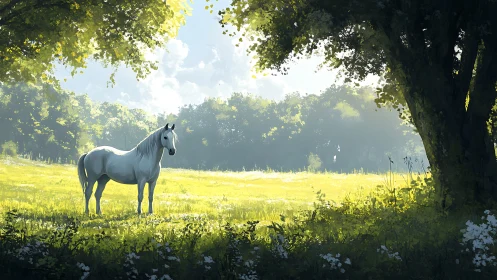 White horse standing in sunlit meadow near large tree.