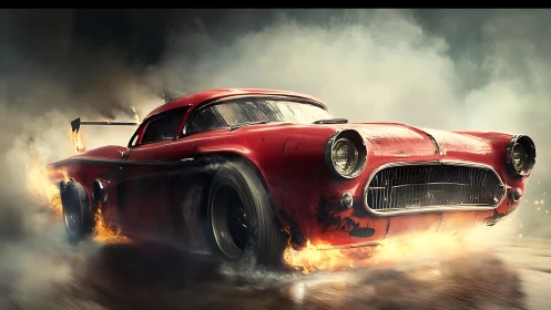 Flaming retro muscle car erupting through stormy smoke clouds.