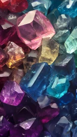 Multicolored faceted crystals form a dense clustered surface