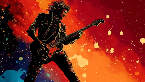 Electric guitarist silhouette in explosive warm gradients.