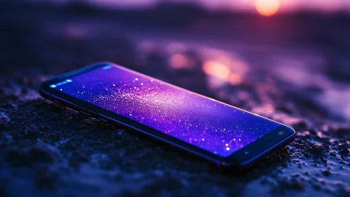 Glowing smartphone on wet surface under neon twilight sky.