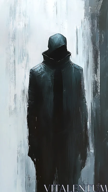 Hooded dark figure silhouette in vertical abstract space.