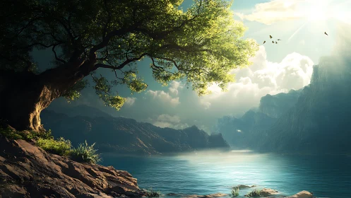 Sunlit lakeside tree overlooks misty fantasy mountains.