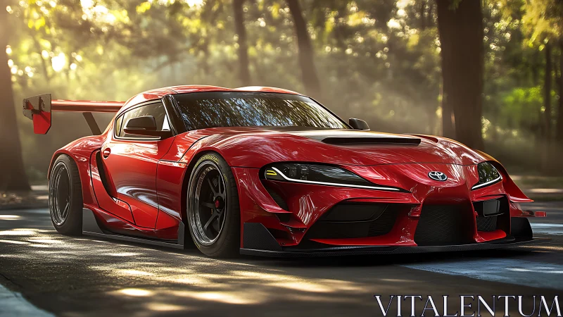 Sleek red sports car glowing in soft forest sunlight.