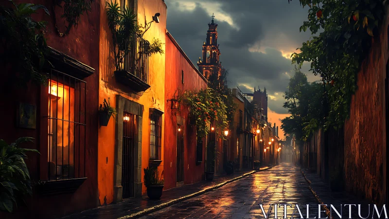 Wet cobblestone street reflects warm lanterns at dusk in colonial alley