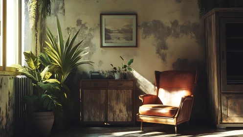 Sunlit vintage armchair anchors a rustic, plant-filled corner