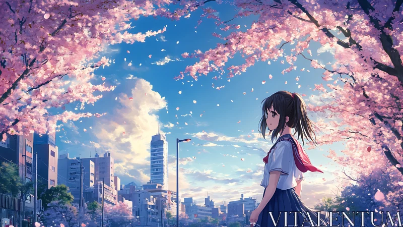 Schoolgirl under cherry trees in urban spring street scene.