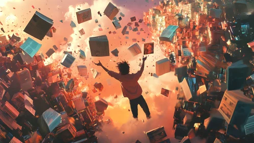 Solitary silhouetted figure is suspended amid floating books