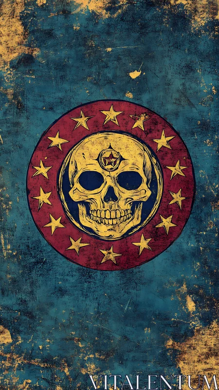 Weathered emblematic skull crest with radial star array.