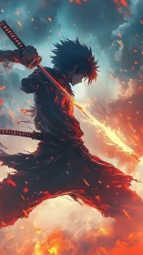 Flaming katana warrior silhouetted against storm-lit sky.