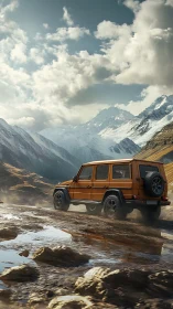 Orange off-road vehicle traverses wet mountain track