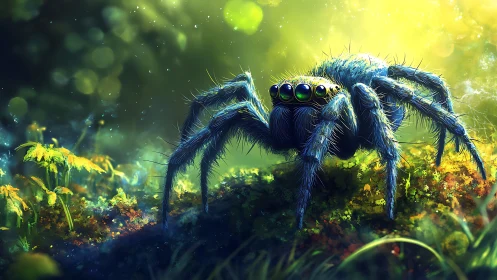 Digital painting of iridescent forest spider with macro lighting.