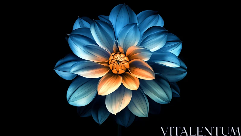 Blue Dahlia with Golden Center Against Black Background.