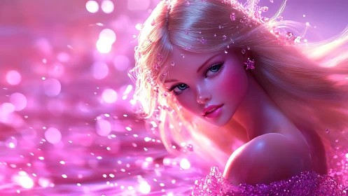 Dreamy pink water muse with sparkling hair and soft glow.