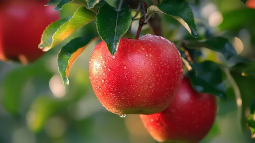Close-up of red apples on tree branch with foliage present.