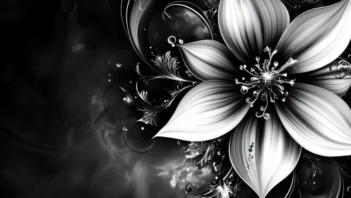 Ethereal Black and White Flower with Ornate Swirling Petals.
