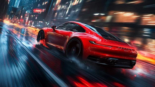 Red sports car chasing neon reflections through wet city streets.