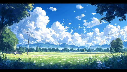 Summer countryside field under wide blue clouded sky.