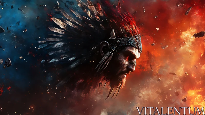 Bifurcated cosmic battlefield with feathered warrior effigy.