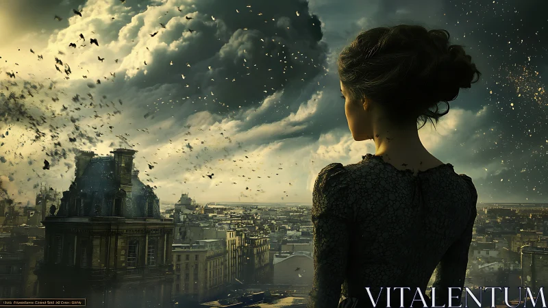 Woman observes storm-torn city skyline under turbulent cloud vortex