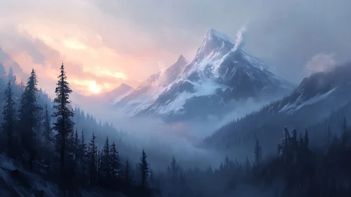 Snow-covered mountain peaks over misty conifer valley.