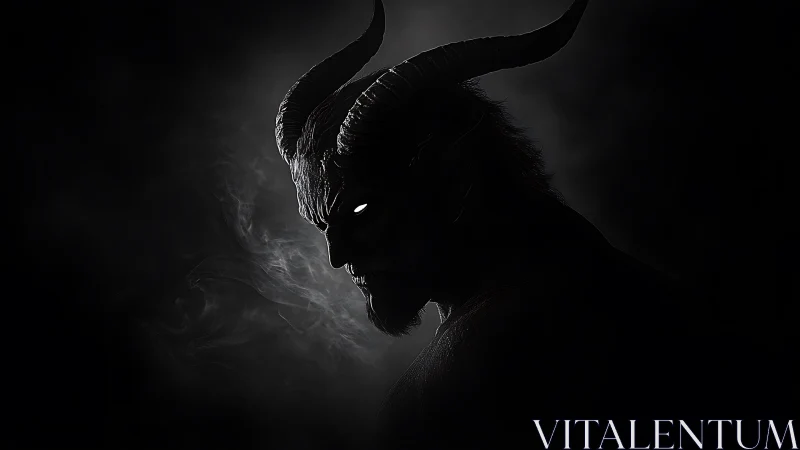 Horned shadow watcher with glowing eyes in drifting smoke.