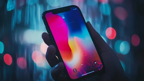 Glowing smartphone screen illuminates a neon city night