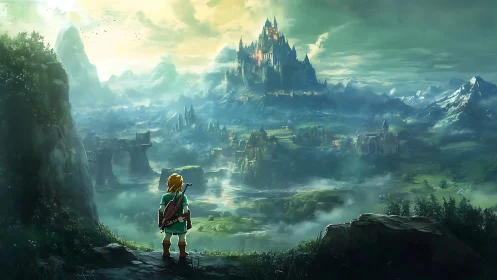 Heroic surveyor observing mist-laden fantasy citadel panorama.