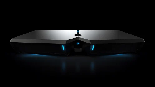 Sleek black gaming console with blue LED edge lighting.