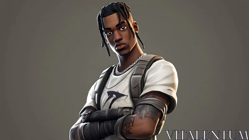 Stylized braided character in tactical streetwear pose.