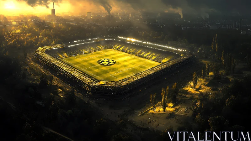 Floodlit football stadium glows in dense urban evening haze