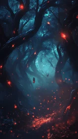 Enchanted forest corridor glows with emberlit spectral mist.