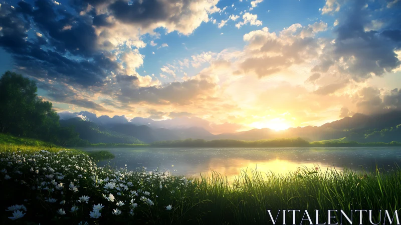 Spectral sunrise over alpine lake with detailed atmospheric scattering.