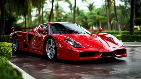 Red mid‑engine sports car on palm‑lined wet driveway.