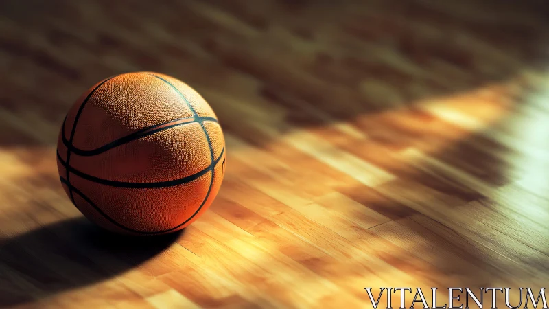 Basketball resting on polished indoor wooden court floor.