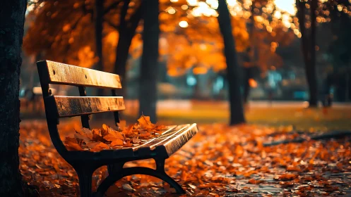 Park bench with autumn leaves in shallow depth focus.