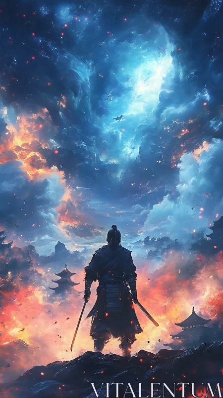 Samurai watches burning valley under swirling celestial sky