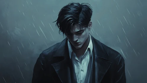 Male figure in rain lowers head beneath diffuse lighting