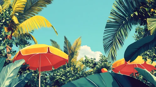 Chromatic tropical canopy with geometric sunshades rendered crisply.