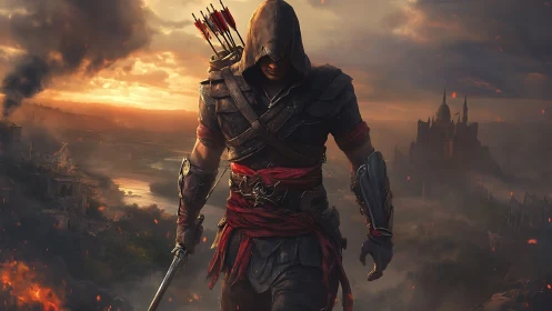 Hooded fantasy warrior walking through burning ruins.