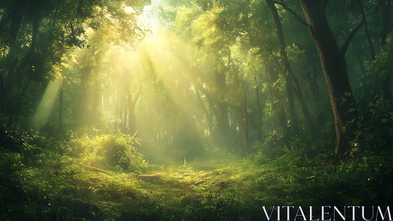 Sunlit forest pathway with volumetric light rays through canopy.