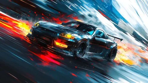 Widebody drift car rendered with dynamic motion blur and fire trails