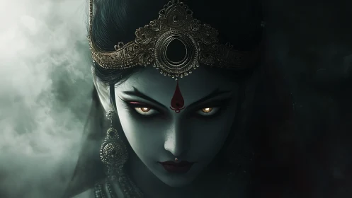 Dark goddess portrait shows glowing eyes and ornate crown