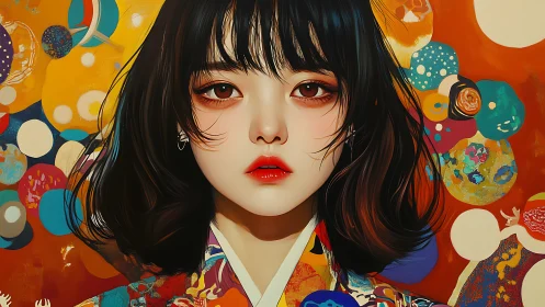 Digital portrait of kimono-clad woman against abstract circles