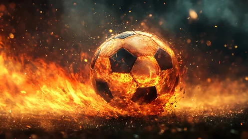 Blazing soccer ball races forward wrapped in swirling fire