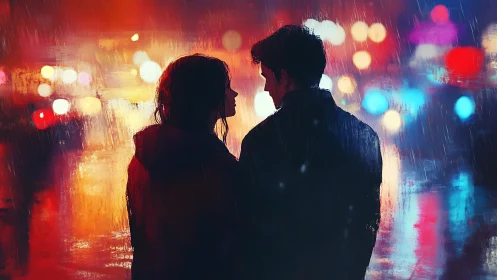 Two Figures Silhouetted in Rain-Soaked Urban Street Setting