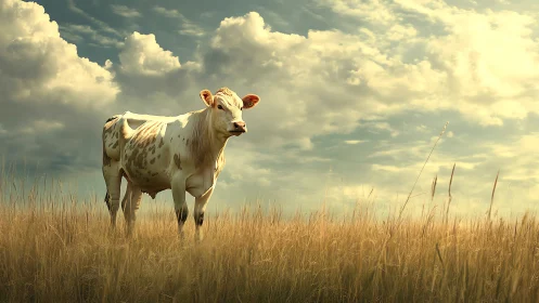 Pastoral bovine study in golden field with dramatic sky lighting.