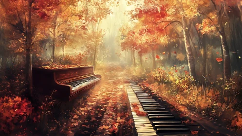 Autumn forest pathway transforms into a surreal piano keyboard