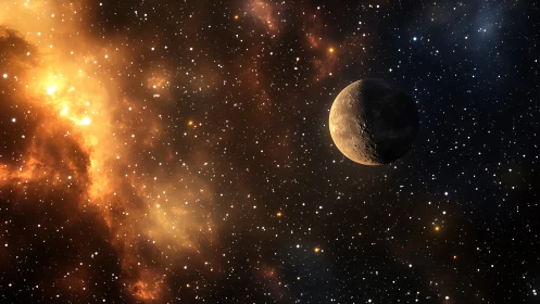 Rocky planet against dense star field and glowing nebula.