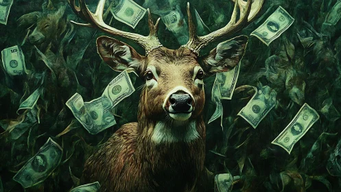 Curious deer stands calmly among swirling falling dollars